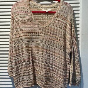 Loft V-Neck 3/4 Sleeve Peach and Pink patterned sweater